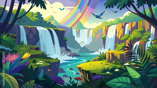 Victoria Falls rainforest thrives in mist. Ferns glisten, exotic birds sing, and rainbow arcs illuminate cascades, forming a breathtaking harmony between raw power and lush subtropical greenery.