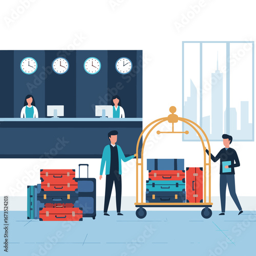 Hotel bellhop assists guests with luggage at check-in desk, modern lobby with city view
