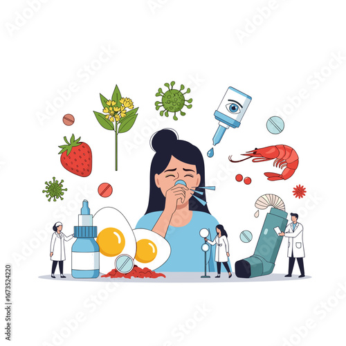 Woman suffering allergies from food, pollen, and viruses with medical treatment options and doctors