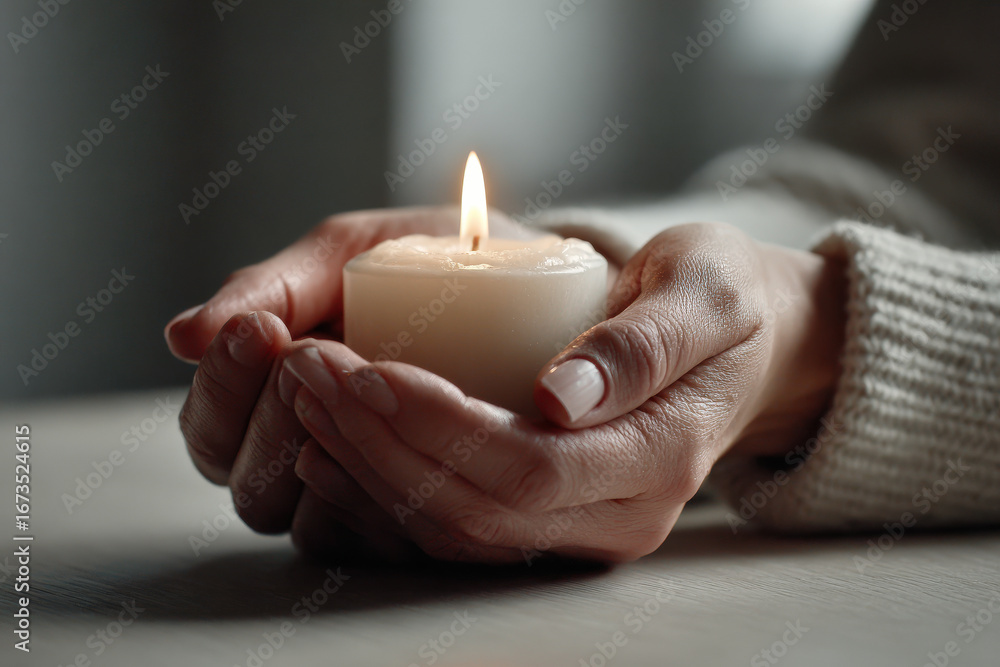 © Irakli - in dimly lit room hands gently cradle lit candle radiating warmth and calm © Irakli - in dimly lit room hands gently cradle lit candle radiating warmth and calm