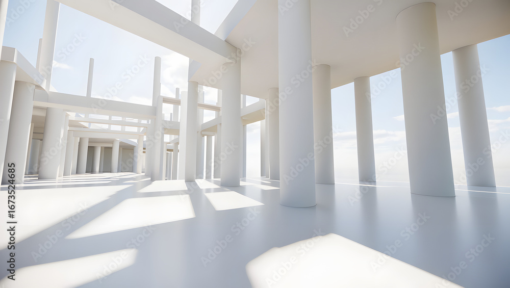 Fototapeta premium Modern Minimalist White Architecture: Sunlit Columns and Open Space Design