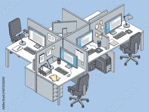 Office cubicles with computers and chairs workspace.