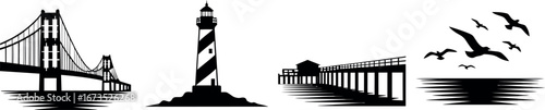 Silhouettes of a Suspension Bridge, Striped Lighthouse, and Flying Seabirds, representing travel, architecture, and scenic landscapes.