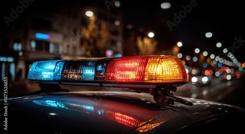 Police cruiser lights at night in city street