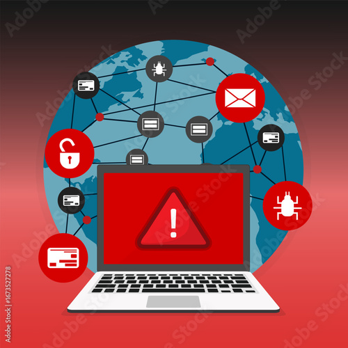 Global Network Vulnerability, Danger on Device, Encrypted Files, Lost Documents, Cyber Attack from Hacker.