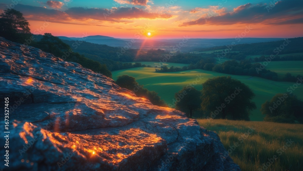 Fototapeta premium Scenic landscape during sunset with rolling green hills and rocky foreground. Nature and outdoor scenery. Tranquil and picturesque setting.