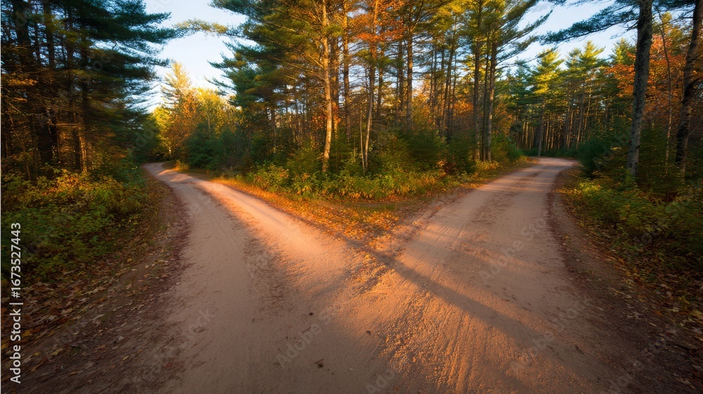 Obraz premium Split Forest Pathway with Warm Sunlight Filtering Through Trees