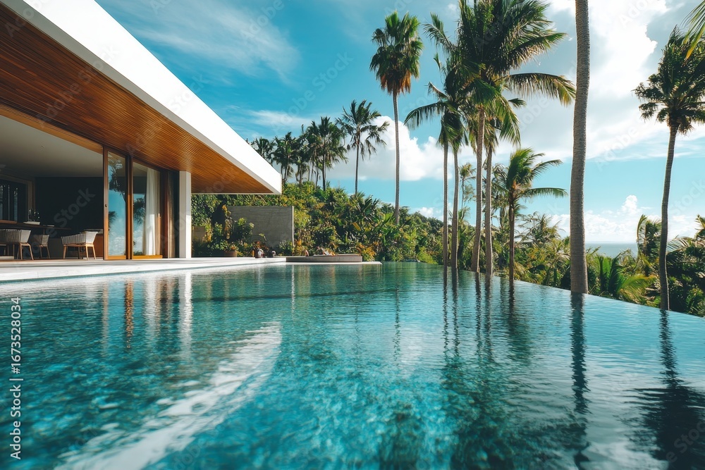 Fototapeta premium Exterior of amazing modern minimalist cubic villa with large swimming pool among palm trees, Generative AI