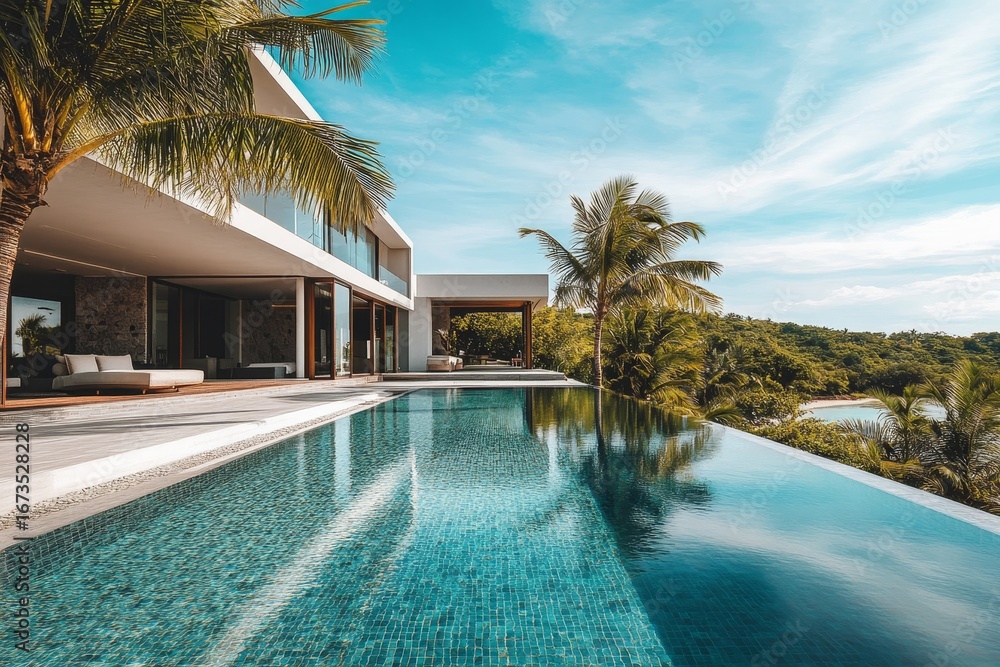 Fototapeta premium Exterior of amazing modern minimalist cubic villa with large swimming pool among palm trees, Generative AI