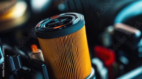Close-up of a car engine oil filter, intricate details, blurred background