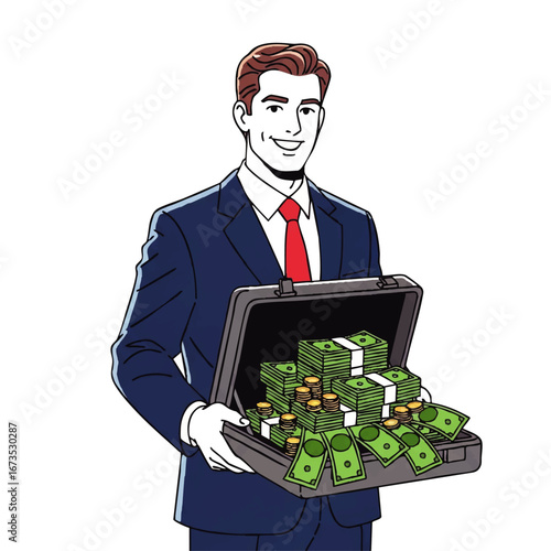 Successful businessman proudly displaying briefcase full of cash, symbolizing wealth and financial success