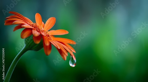 Orange Gerbera Daisy with Dew Drop on Petal Against Green Background