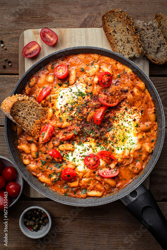 shakshuka aux haricots lingot blancs, sauce tomate et oeufs au plat
