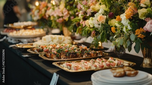 Elegant buffet table with food and flowers, catering event