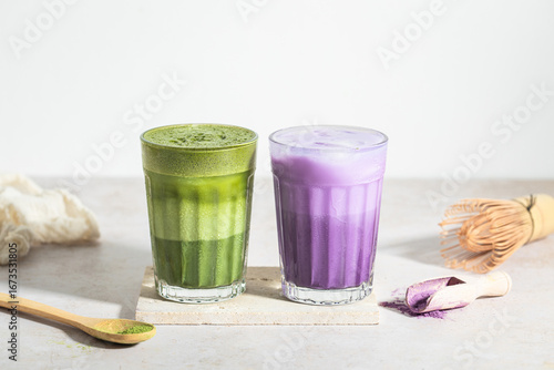 ube latte and matcha latte green tea fresh drink milk