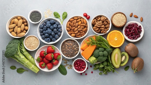 Wallpaper Mural Explore healthy food choices with a vibrant array of fruits, vegetables, and seeds displayed in beautiful bowls on a light background Torontodigital.ca