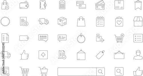 E-Commerce Line Icon Set Design With Editable Stroke Vector Illustration - Delivery Truck, Card, Thumbs Up, Bag, Review And Many More Icons.