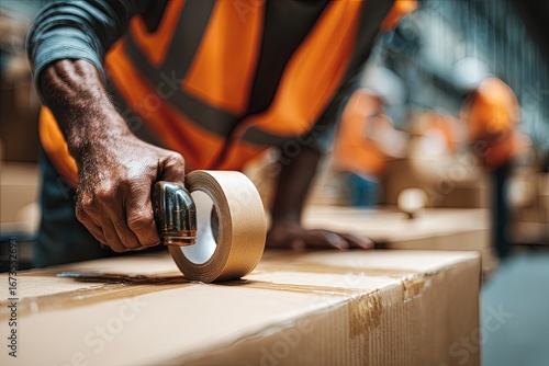 Worker Applying Tape To Cardboard Box In Warehouse