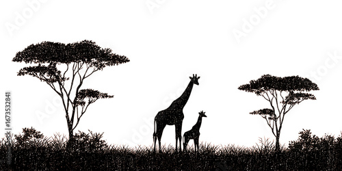 Giraffes and acacia trees silhouetted against the night sky. African wildlife concept.