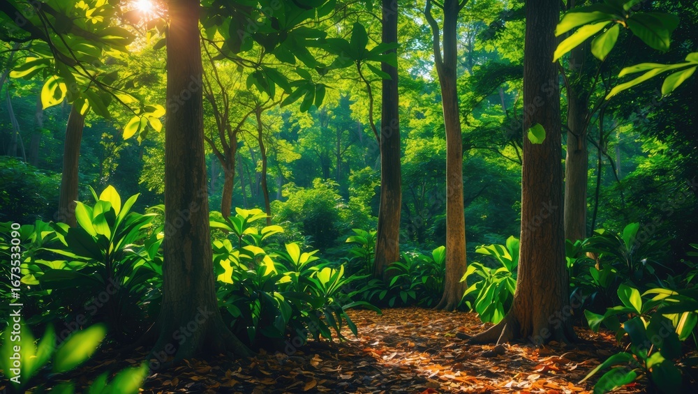 Fototapeta premium Lush forest scene with sunlight filtering through trees and green foliage. Nature and woodland environment. Forest landscape with vibrant greenery and sunlight.