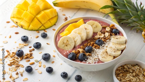 Bright smoothie bowl featuring pineapple, mango, coconut, and banana garnished with oats and berries for a refreshing breakfast