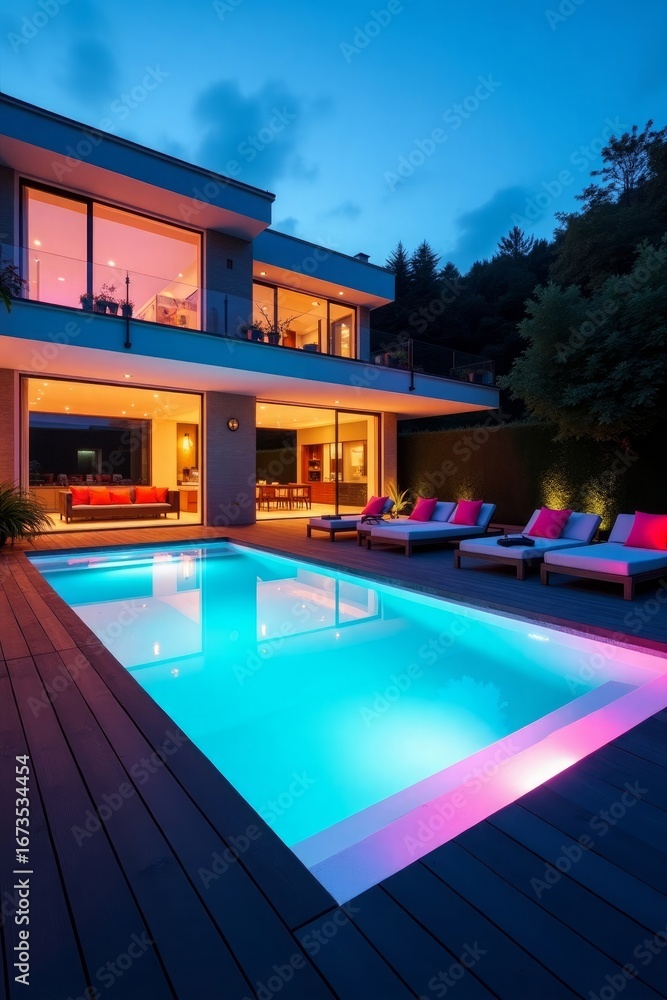 Fototapeta premium Modern house with illuminated swimming pool at dusk