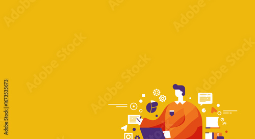 Modern illustration of a man working on a laptop, surrounded by business and data analysis icons. Ideal for tech, marketing, and productivity concepts.