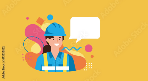 Smiling female engineer or construction worker in a hard hat and uniform with a speech bubble for text, symbolizing communication, safety, and professional advice in industry or business.