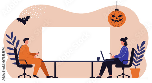 Colleagues collaborating in a festive Halloween-themed office. Perfect for business, seasonal events, or team work concepts.