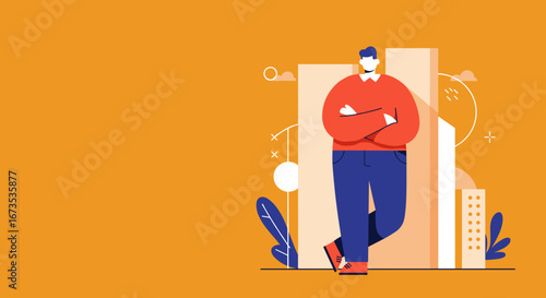 Confident man in a modern flat illustration, leaning casually against abstract city architecture. Ideal for business, urban lifestyle, or professional concepts.