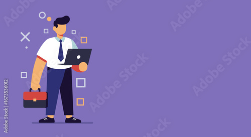 Professional businessman multitasks with laptop and briefcase, ready for work on a vibrant purple background. Represents modern entrepreneurship and remote work concepts.