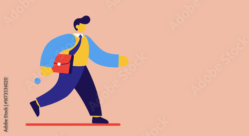 Abstract illustration of a businessman walking purposefully with a briefcase. Represents determination, progress, and daily commute in a minimalist style.