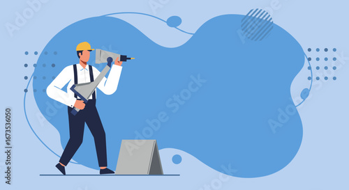 Professional worker in a hard hat holding cleaning and maintenance tools on a clean blue background, ideal for service, hygiene, or home care concepts.