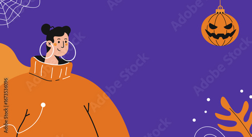 Illustrated woman in cozy autumn sweater against a purple Halloween background with jack-o'-lantern and spiderweb. Perfect for seasonal designs.