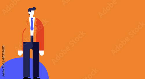 Professional businessman in a modern flat design illustration, standing confidently on an orange background with ample copy space. Ideal for business, corporate, and career concepts.