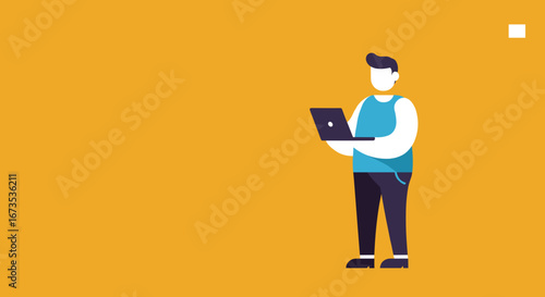 Person utilizing a laptop in a vibrant flat design. Perfect for showcasing digital solutions, productivity, or freelance work themes.