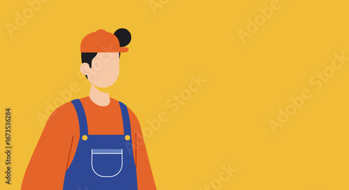 Minimalist illustration of a worker in overalls and a cap on a yellow background, ideal for service, business, or labor concepts.