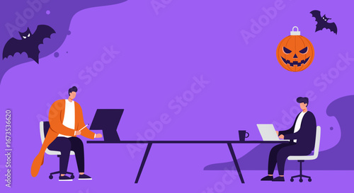 Professionals working remotely on their laptops and tablet in a festive Halloween-themed office. Ideal for business, holiday, or creative concepts.