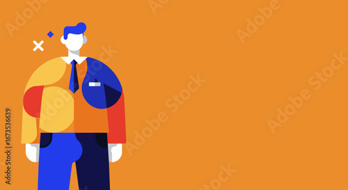 Modern flat design illustration of a professional person in a tie on an orange background, ideal for business, digital, or corporate concepts with copy space.