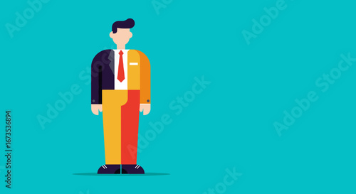 Stylized businessman in a dual-colored suit (black, red, yellow), representing choices, versatility, or diverse professional identities. Ideal for business, duality, or work-life balance concepts.