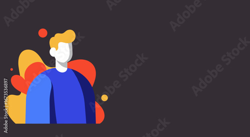 Modern flat design illustration of a stylized male figure with blonde hair and blue shirt on an abstract background. Ideal for profiles, user interfaces, or digital concepts.
