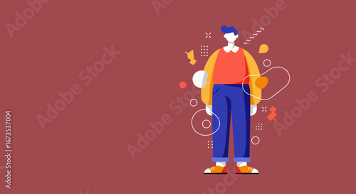 Stylish modern flat design illustration of a casual young man standing, surrounded by abstract geometric elements, representing individuality or lifestyle.
