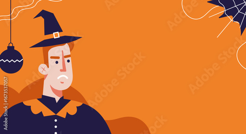Unimpressed man in a witch hat on an orange Halloween background with a spiderweb. Flat design illustration perfect for seasonal events, party invitations, or promotions.