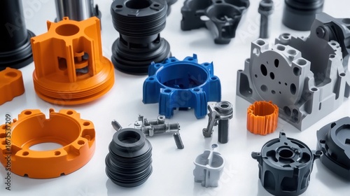 Colorful 3D printed parts on a white surface in a workshop