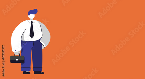 Confident businessman in professional attire holding a briefcase, standing against a vibrant orange background with copy space. Ideal for business, career, and corporate themes.