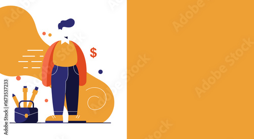Stylized illustration of a person with creative tools and financial symbols, representing business, finance, and design concepts. Ideal for corporate or educational use.