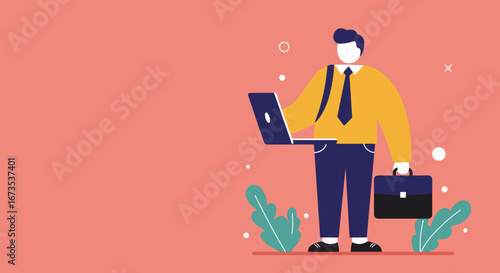 Professional businessman character using a laptop and holding a briefcase, ideal for concepts of modern work, digital communication, and career success.