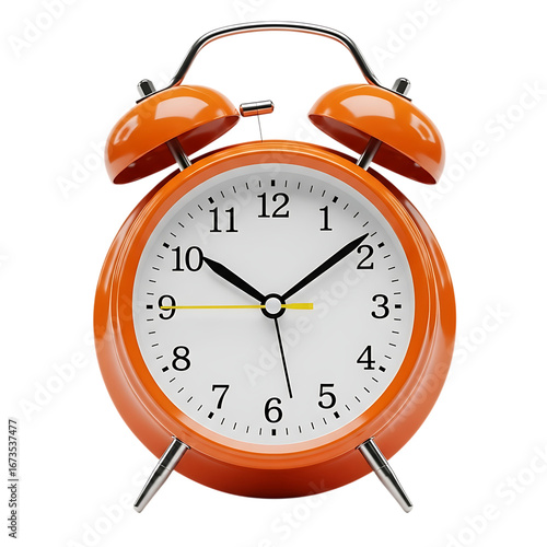 Retro orange twin bell alarm clock with white face and black hands, isolated on transparent background