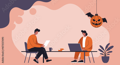 Two men collaborate on a business project in a modern office, incorporating festive Halloween decor. Ideal for themes of work-life balance or holiday office events.