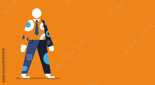 Stylized professional figure in patterned attire on an orange background, representing unique business identity, creativity, and modern corporate concepts.
